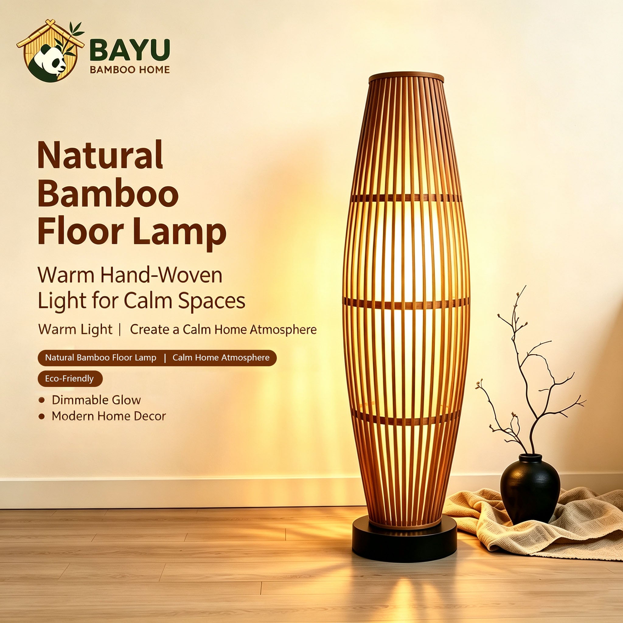 Hand‑Woven Bamboo Dimmable Floor Lamp