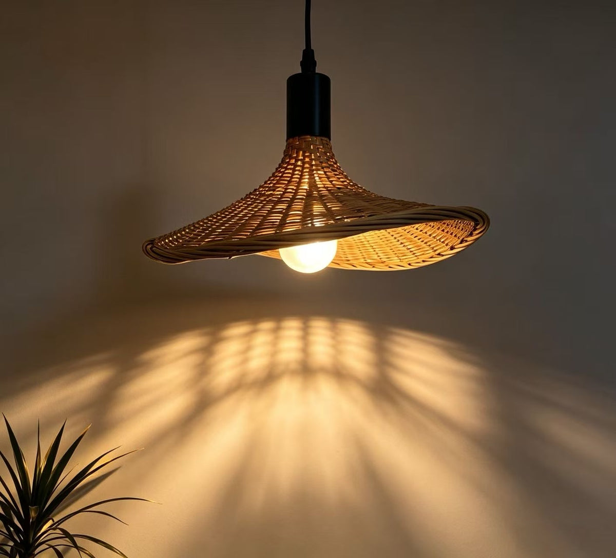Handwoven Bamboo Cone Pendant – Warm Glow & Soft Shadow Patterns